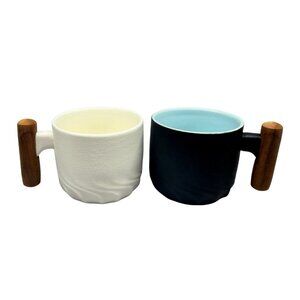 Pair Matte Black & White Ceramic Espresso Cups Wood Handles 2oz